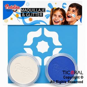 KIT MAQUILLAJE ARTISTICO ARGENTINA ESCARAPELA CELESTE Y BLANCO ( 4 GR) + STENCIL